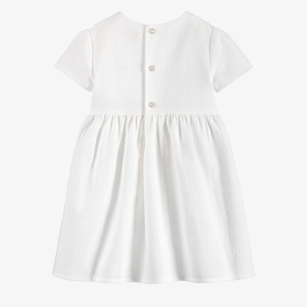 Versace-Girls White Micro Greca Cotton Dress with Lace Trim | Childrensalon