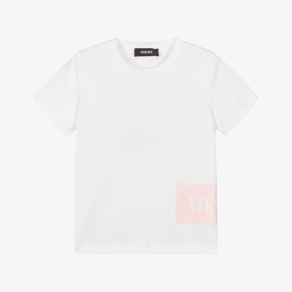 Versace-Girls White & Pink '90s Vintage Logo Cotton T-Shirt | Childrensalon