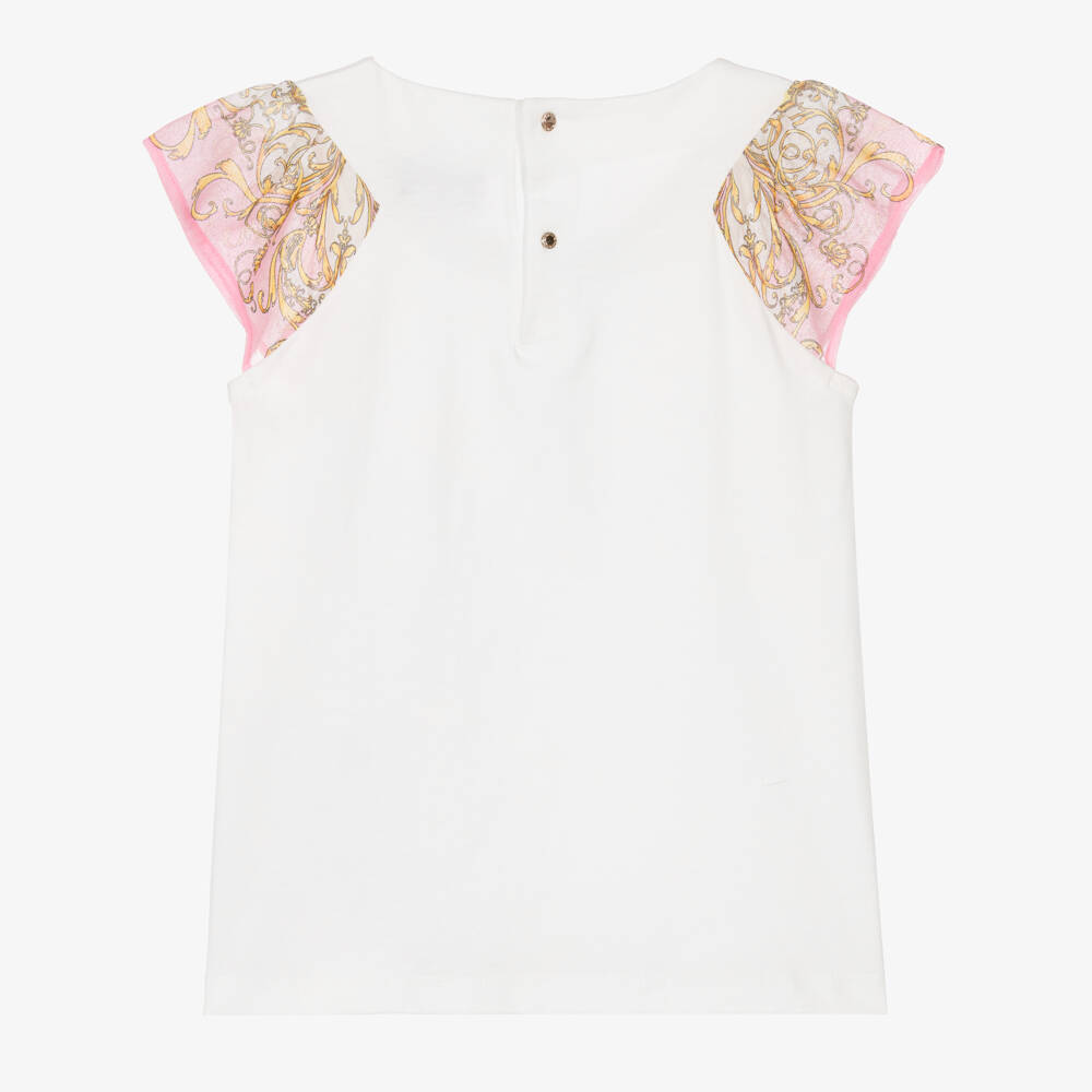 Versace-Футболка белая с блестящими стразами и рукавами Барокко для девочек | Childrensalon