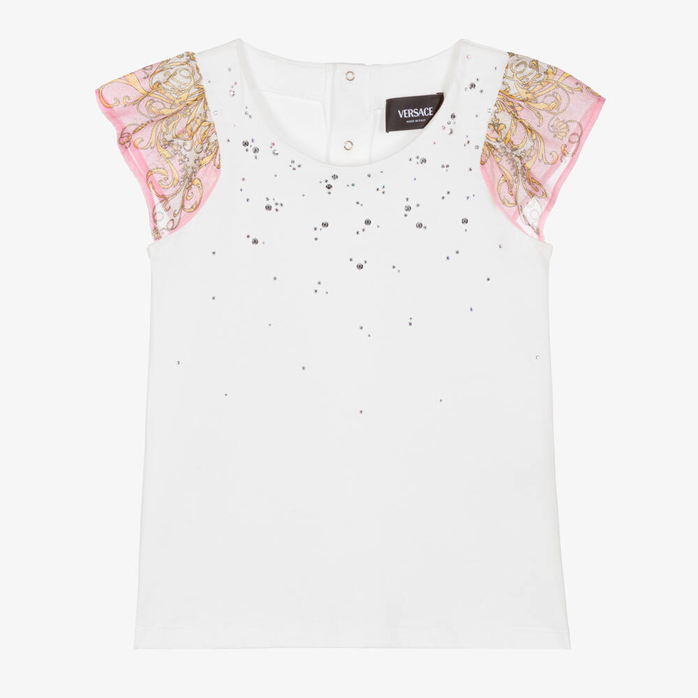 Versace-Girls White T-Shirt with Shiny Studs & Barocco Sleeves | Childrensalon