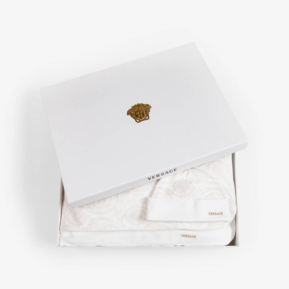 Versace-Ivory & Beige Barocco Print Blanket Baby Gift Set | Childrensalon