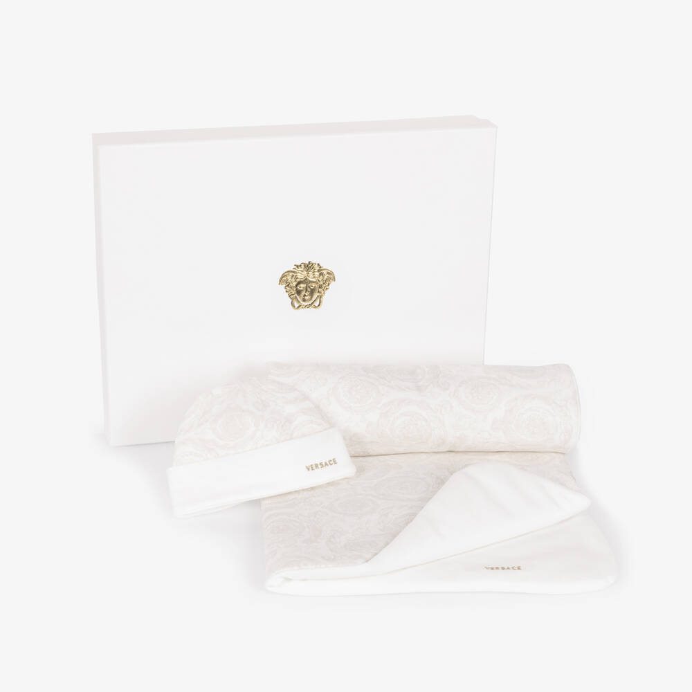 Versace-Ivory & Beige Barocco Print Blanket Baby Gift Set | Childrensalon