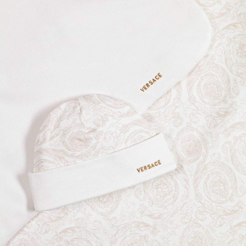 Versace-Ivory & Beige Barocco Print Blanket Baby Gift Set | Childrensalon