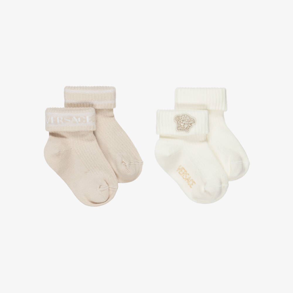 Versace-Ivory & Beige Cotton Baby Ankle Socks (2 Pack) | Childrensalon