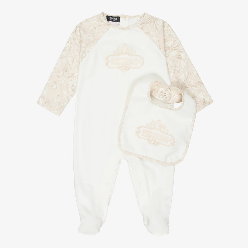 Versace-Ivory & Beige Cotton Whisper Barocco Babysuit Gift Set | Childrensalon