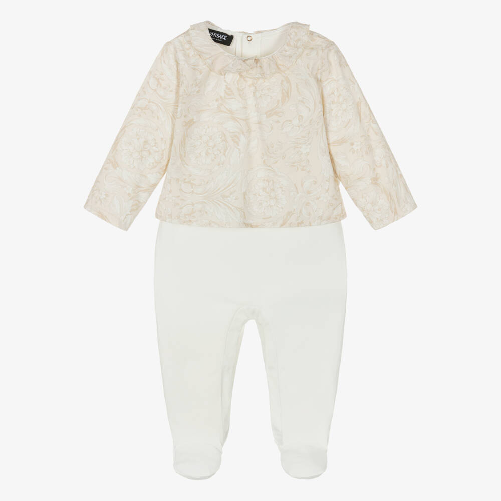 Versace-Ivory & Beige Whisper Barocco Cotton Babygrow | Childrensalon