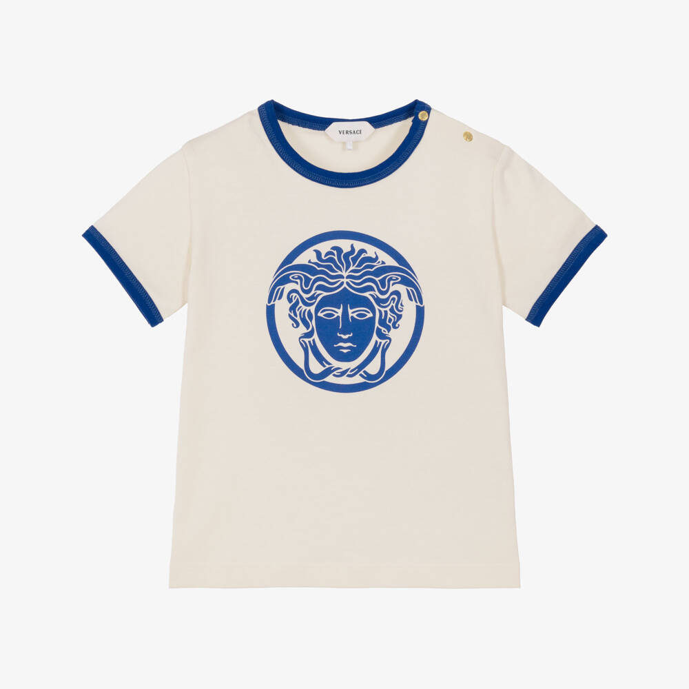 Versace-Ivory & Blue Cotton Medusa T-Shirt | Childrensalon