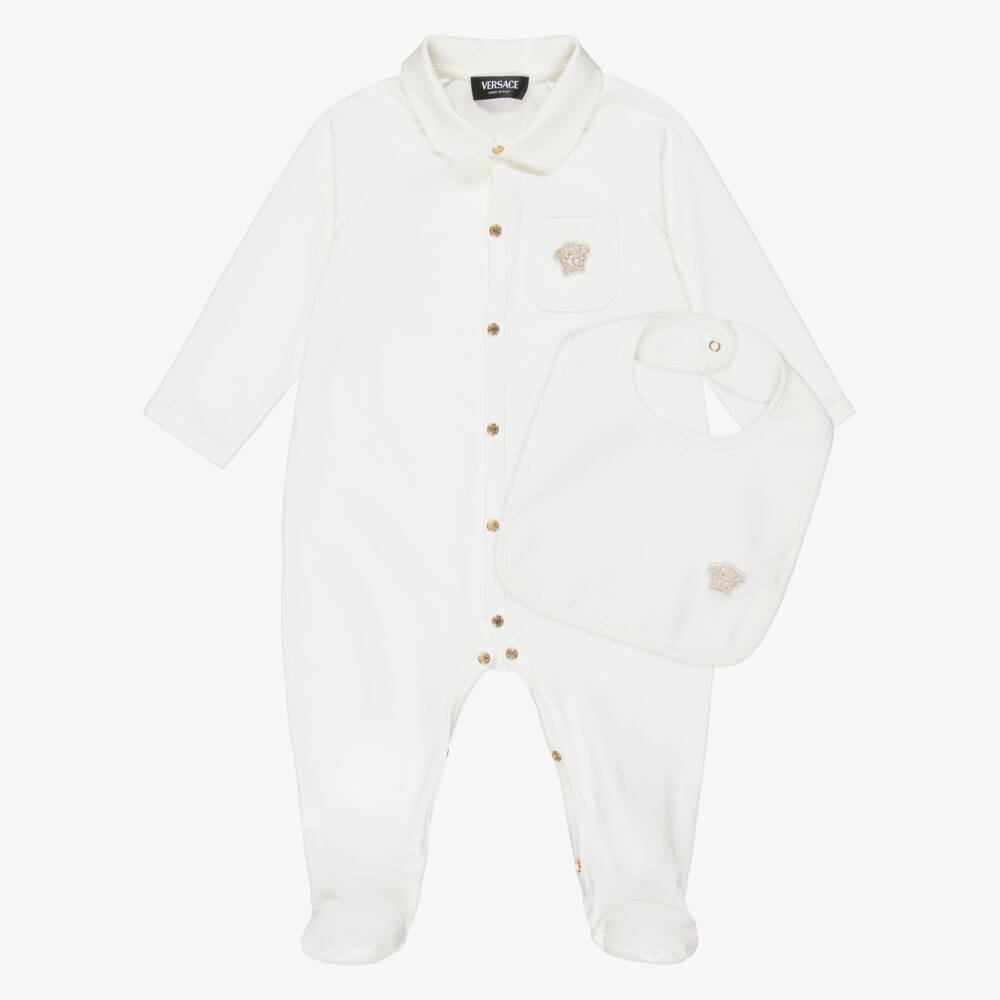 Versace-Ivory Cotton Babysuit Gift Set with Medusa Motif | Childrensalon