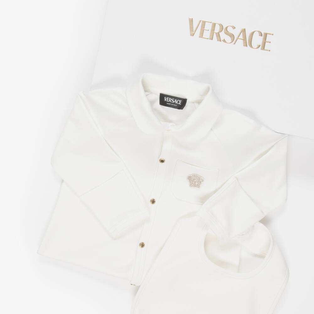 Versace-Ivory Cotton Babysuit Gift Set with Medusa Motif | Childrensalon