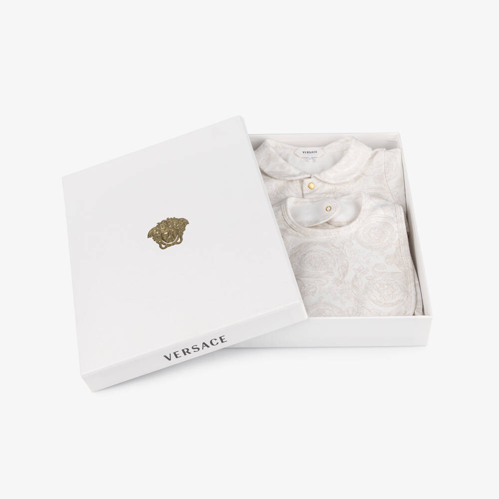 Versace-Ivory Cotton Barocco Print Babysuit Gift Set | Childrensalon