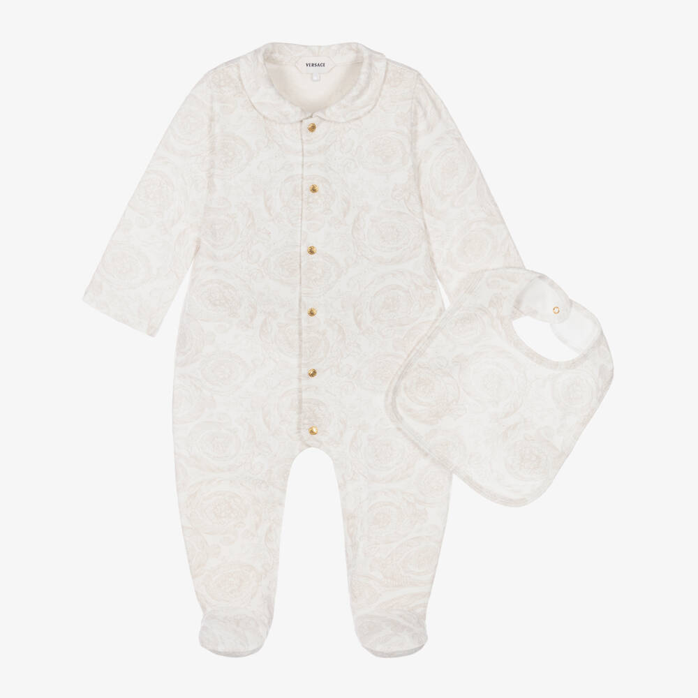 Versace-Ivory Cotton Barocco Print Babysuit Gift Set | Childrensalon