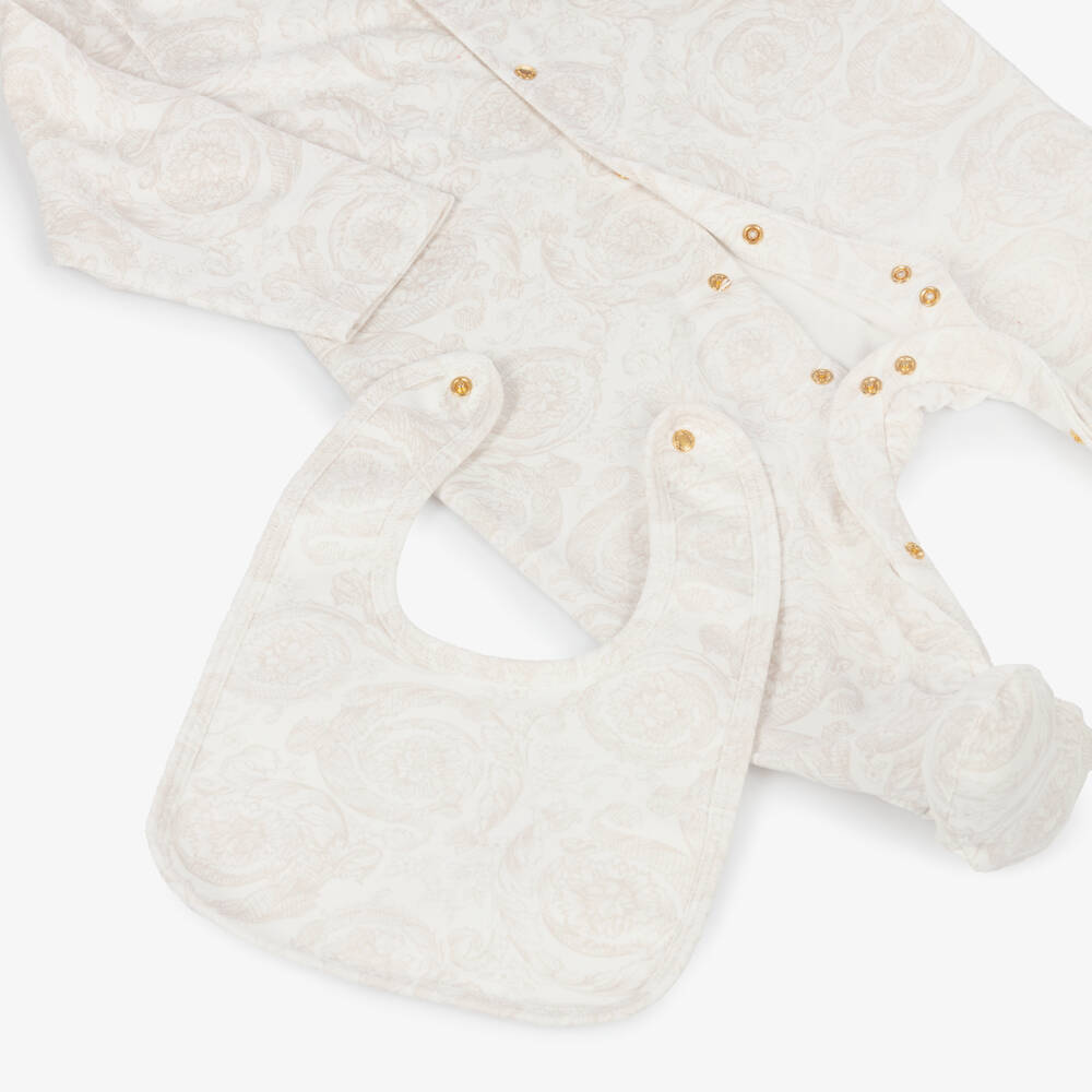 Versace-Ivory Cotton Barocco Print Babysuit Gift Set | Childrensalon