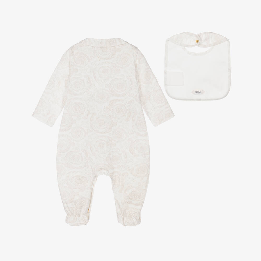 Versace-Ivory Cotton Barocco Print Babysuit Gift Set | Childrensalon