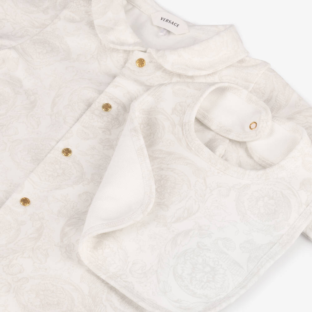 Versace-Ivory Cotton Barocco Print Babysuit Gift Set | Childrensalon