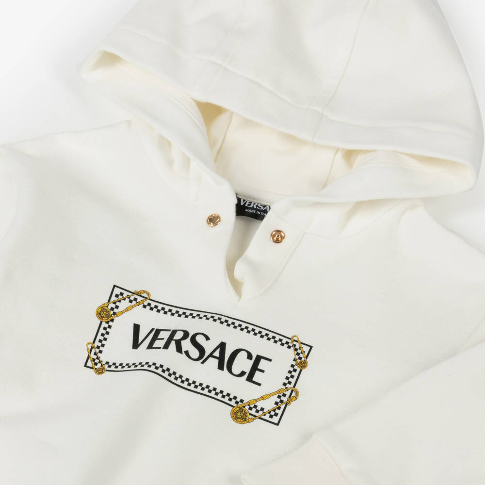 Versace-Ivory Cotton & Cashmere Baby Hoodie with Safety Pin Logo | Childrensalon