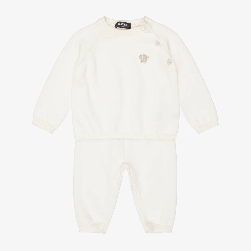 Versace-Ivory Cotton Knit Baby Trouser Set with Medusa Motif | Childrensalon