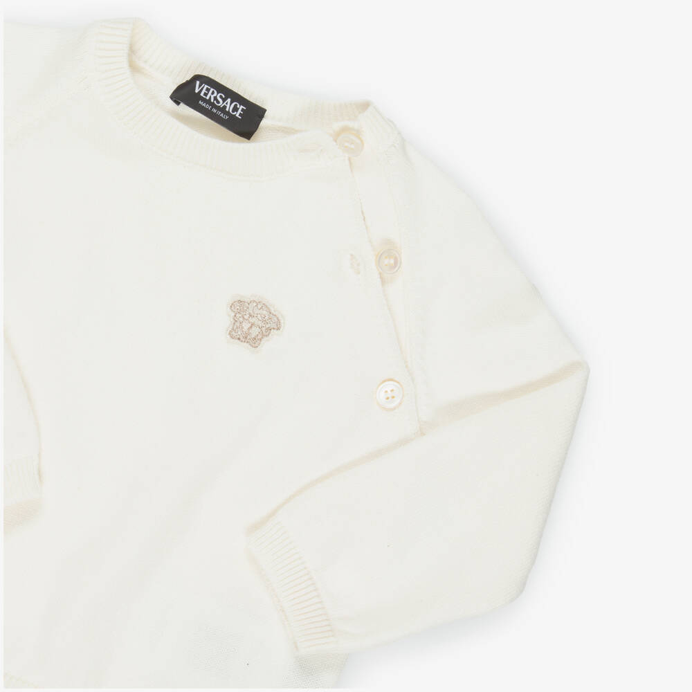 Versace-Ivory Cotton Knit Baby Trouser Set with Medusa Motif | Childrensalon