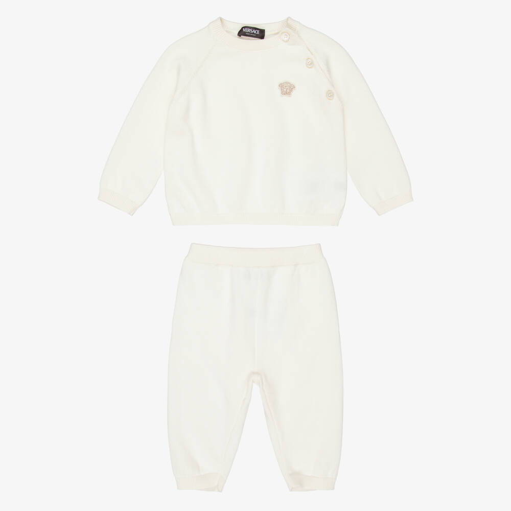 Versace-Ivory Cotton Knit Baby Trouser Set with Medusa Motif | Childrensalon