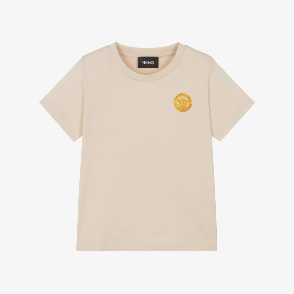 Versace-Junior Boys Beige Cotton Jersey T-Shirt with Gold Medusa Logo Print | Childrensalon