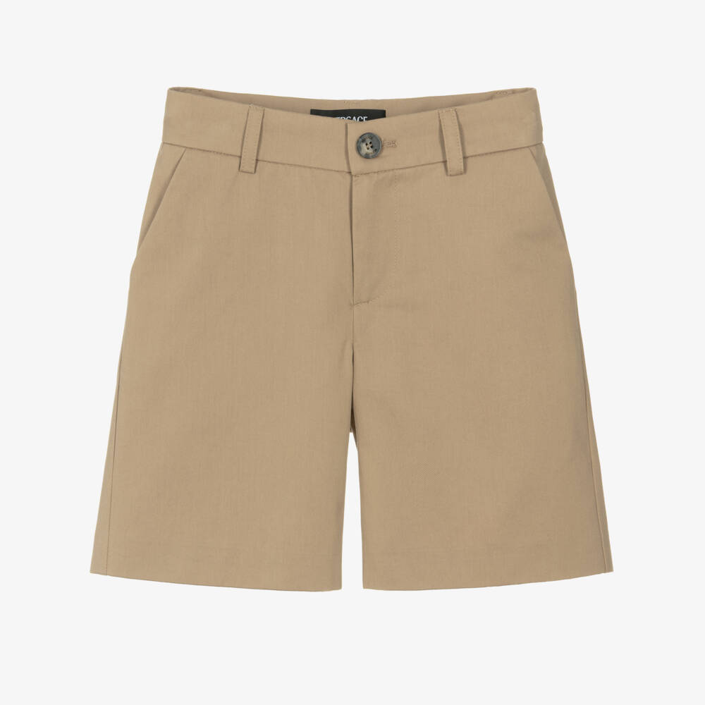 Versace-Junior Boys Beige Cotton Logo Label Shorts | Childrensalon