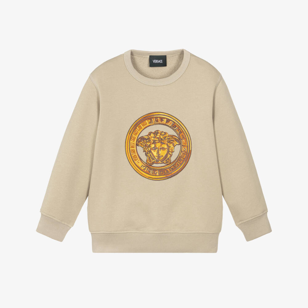 Versace-سويتشيرت قطن بشعار ميدوسا لون بيج للأولاد | Childrensalon