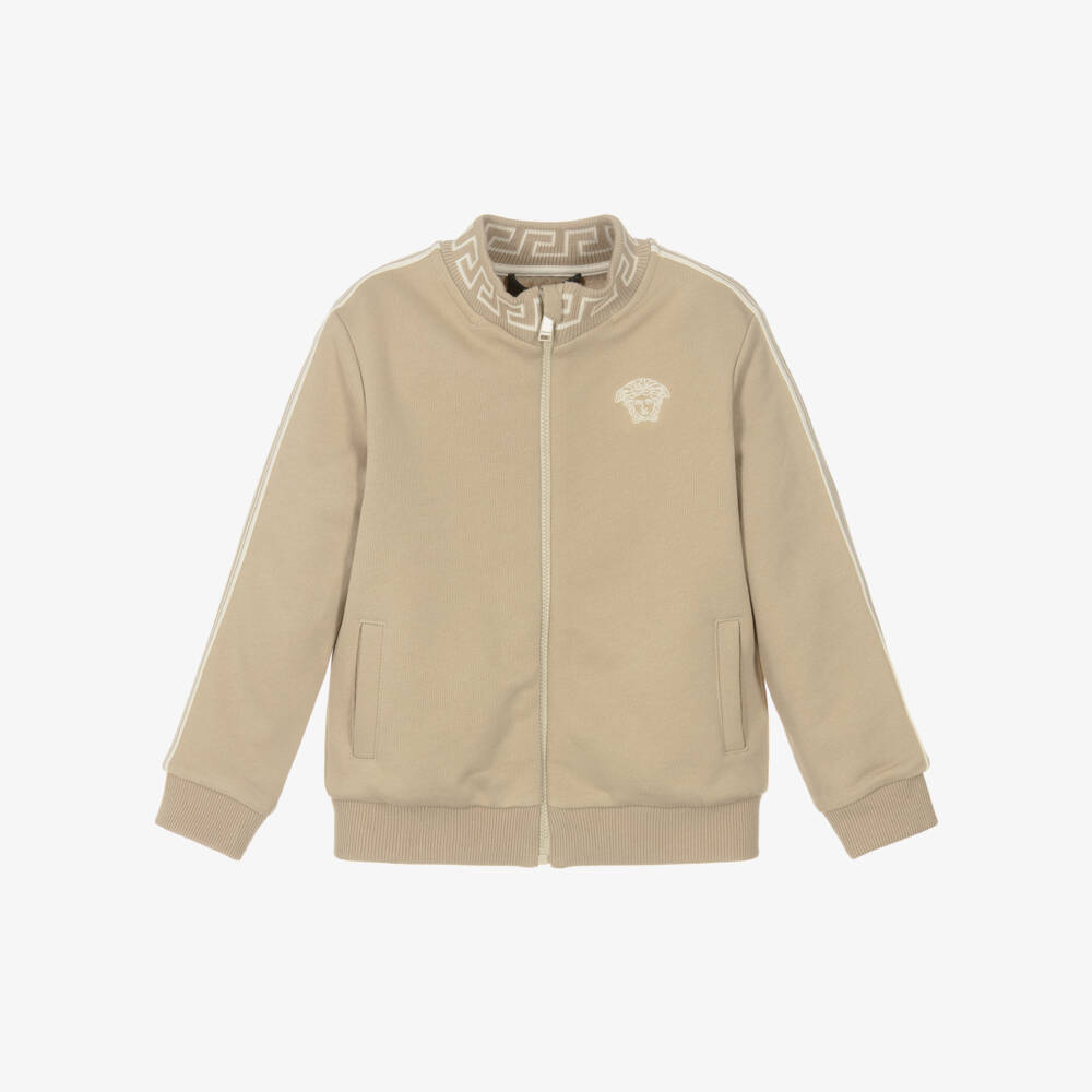 Versace-Junior Boys Beige Cotton Zip-Up Top with Greca & Medusa Logos | Childrensalon