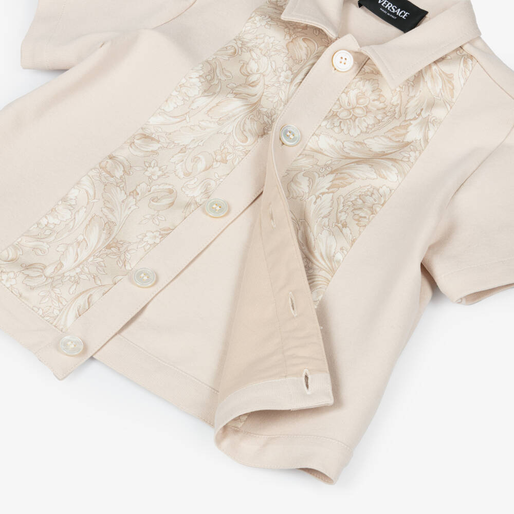 Versace-Junior Boys Beige Jersey Shirt with Whisper Barocco Trims | Childrensalon