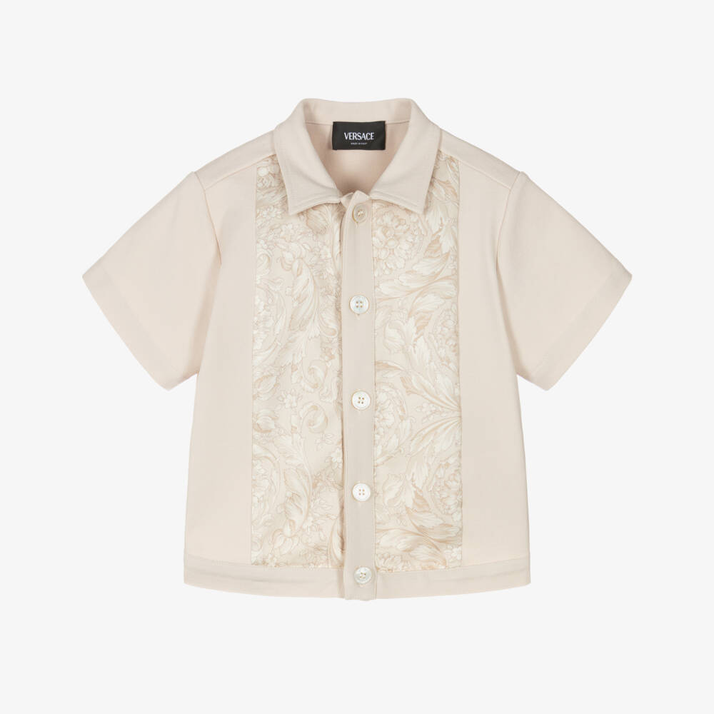 Versace-Junior Boys Beige Jersey Shirt with Whisper Barocco Trims | Childrensalon