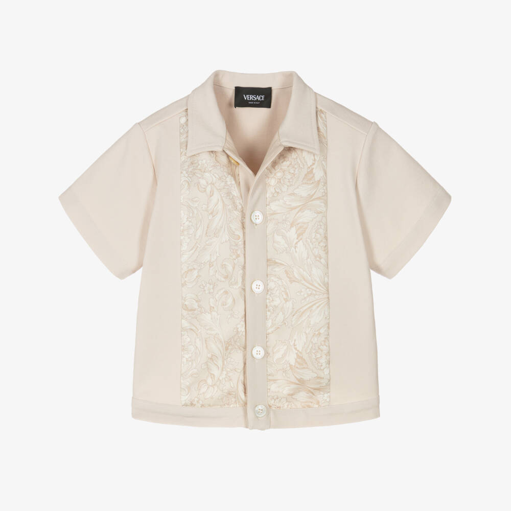 Versace-Junior Boys Beige Jersey Shirt with Whisper Barocco Trims | Childrensalon