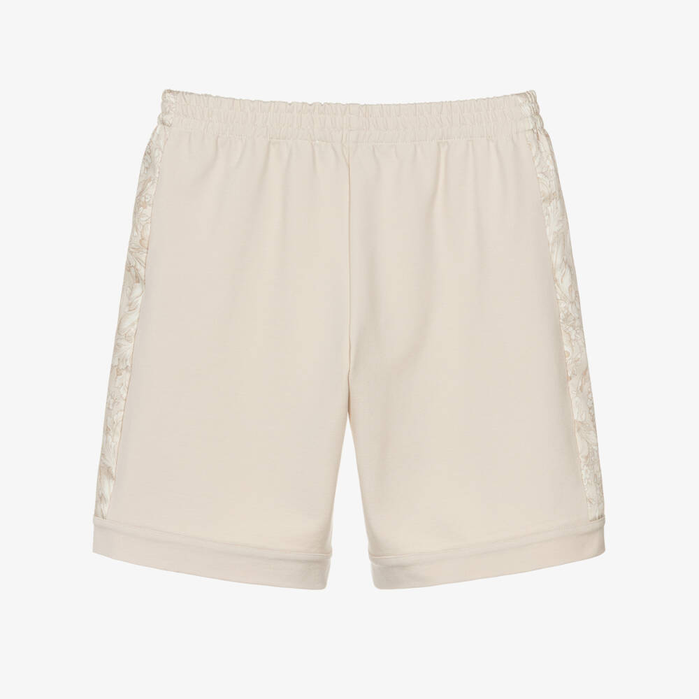 Versace-Junior Boys Beige Jersey Shorts with Whisper Barocco Trims | Childrensalon