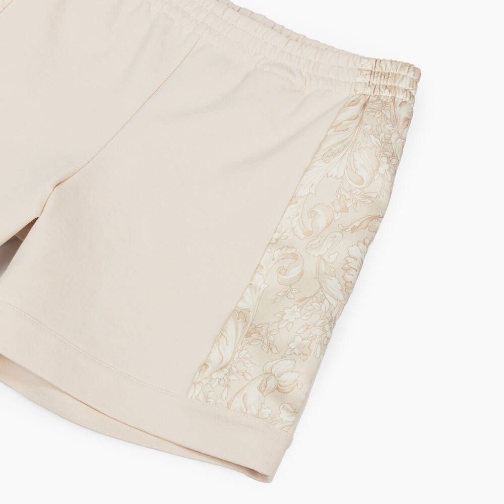 Versace-Junior Boys Beige Jersey Shorts with Whisper Barocco Trims | Childrensalon