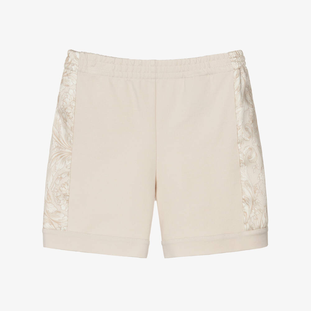 Versace-Junior Boys Beige Jersey Shorts with Whisper Barocco Trims | Childrensalon