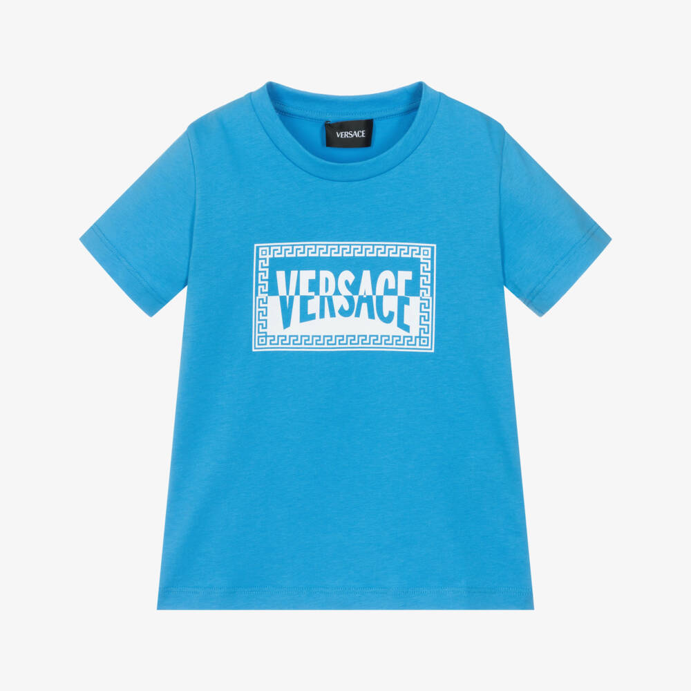 Versace-Junior Boys Blue Cotton Contrast Logo T-Shirt | Childrensalon