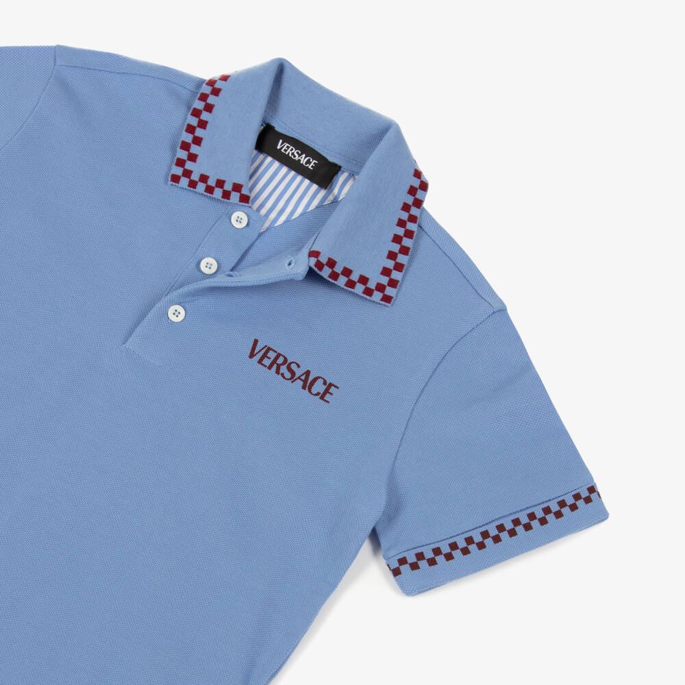 Versace-Синяя хлопковая рубашка поло с клетчатой отделкой для мальчиков | Childrensalon