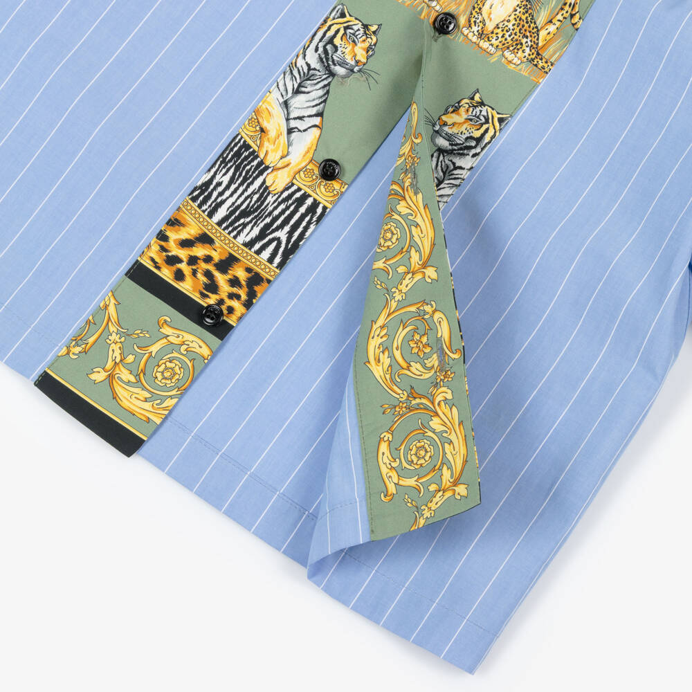 Versace-قميص قطن بطبعة نمور لون أخضر وأزرق للأولاد | Childrensalon