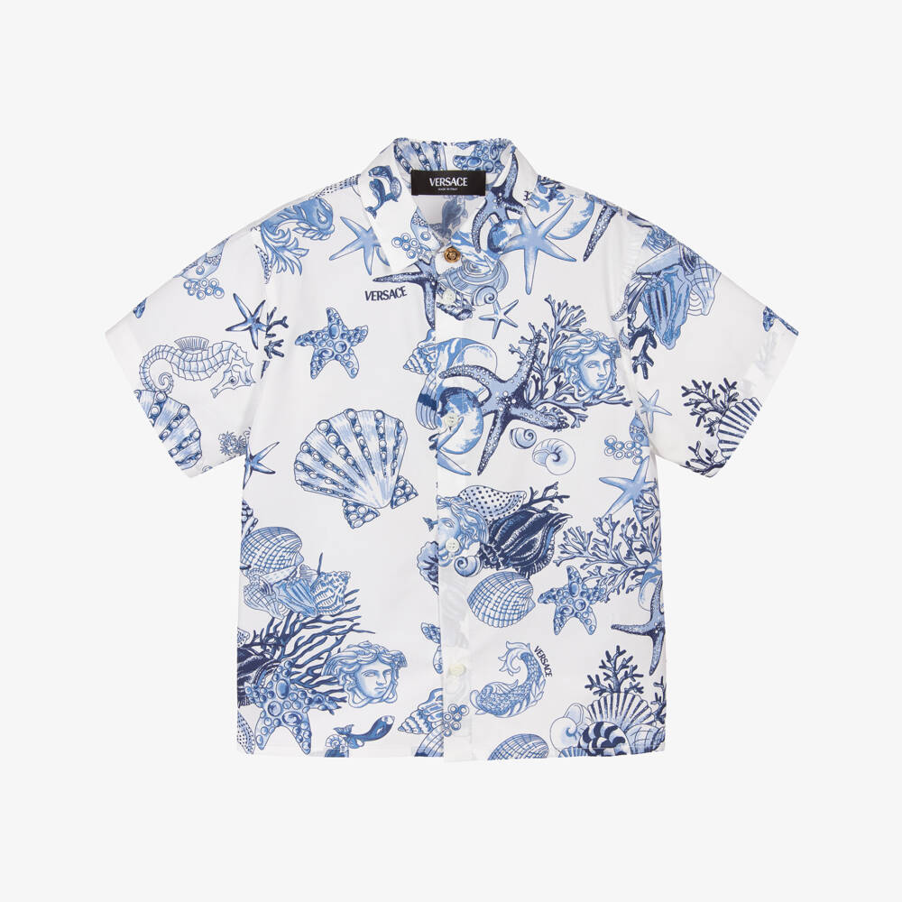 Versace-Junior Boys Blue & White Cotton Coral Theatre Shirt | Childrensalon