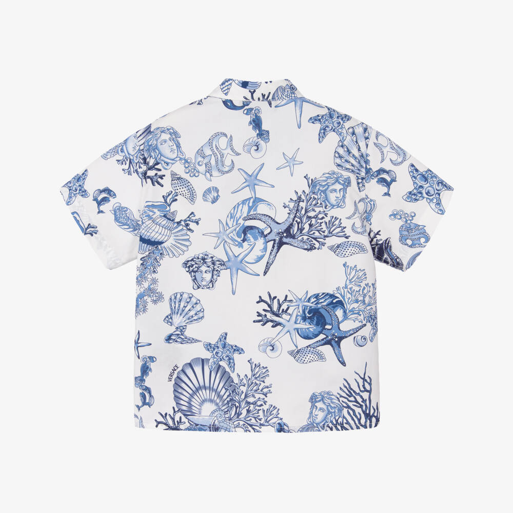 Versace-Junior Boys Blue & White Cotton Coral Theatre Shirt | Childrensalon
