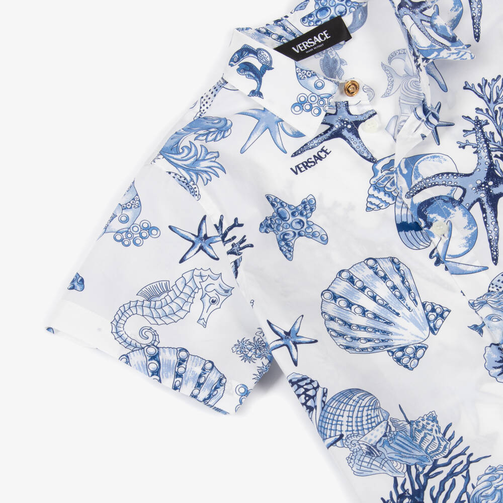 Versace-Junior Boys Blue & White Cotton Coral Theatre Shirt | Childrensalon