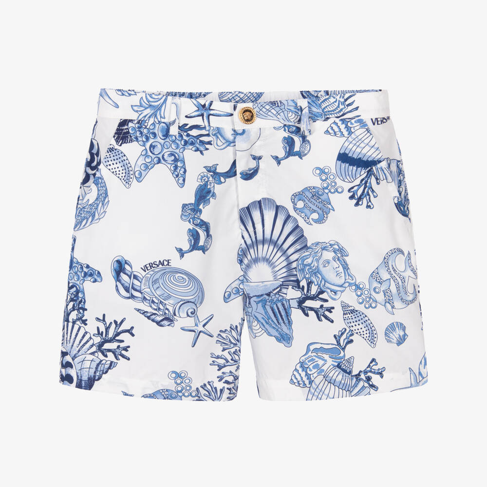 Versace-Шорты сине-белые из хлопка с принтом Coral Theatre для мальчиков | Childrensalon