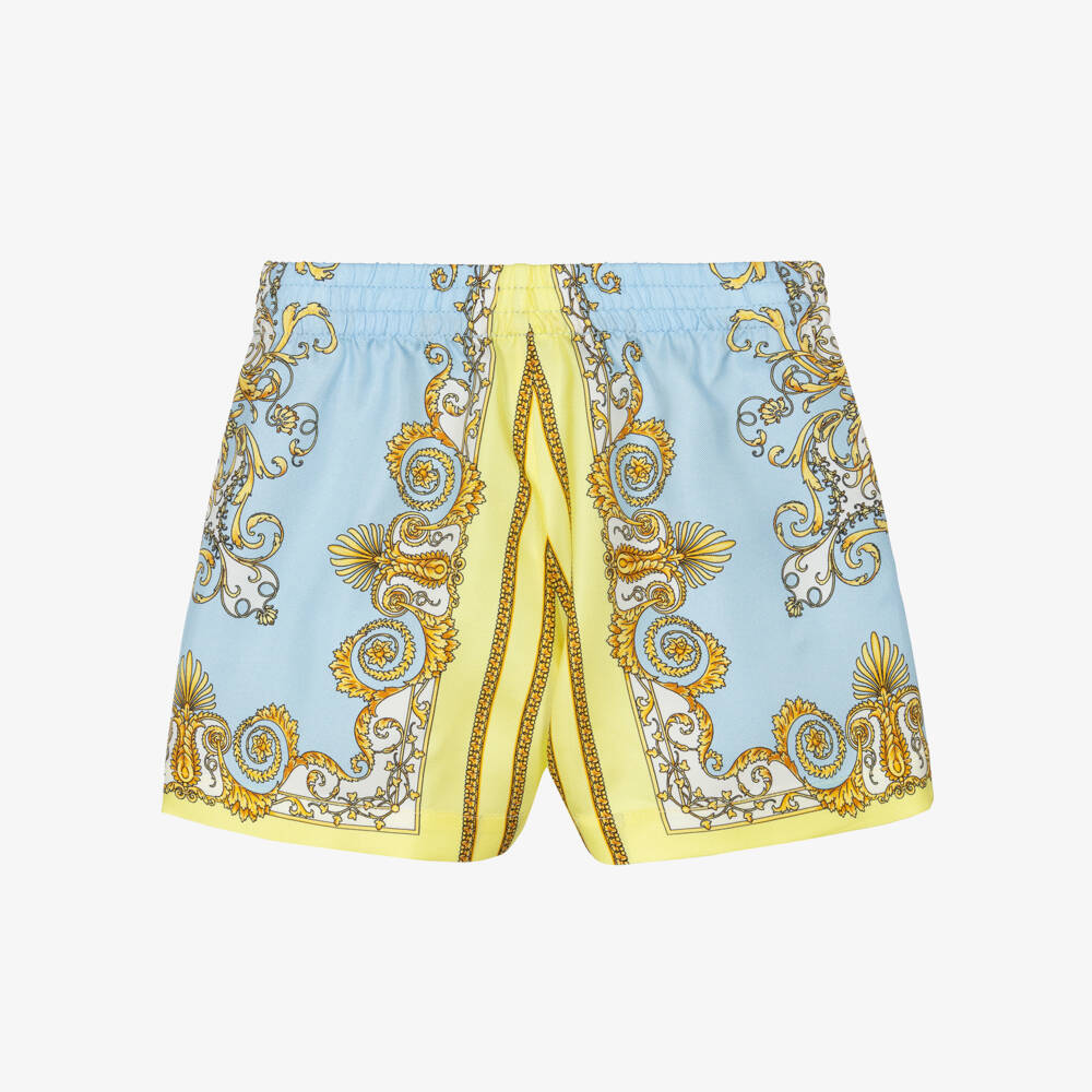 Versace-Junior Boys Blue & Yellow Silk Shorts with Barocco Print | Childrensalon