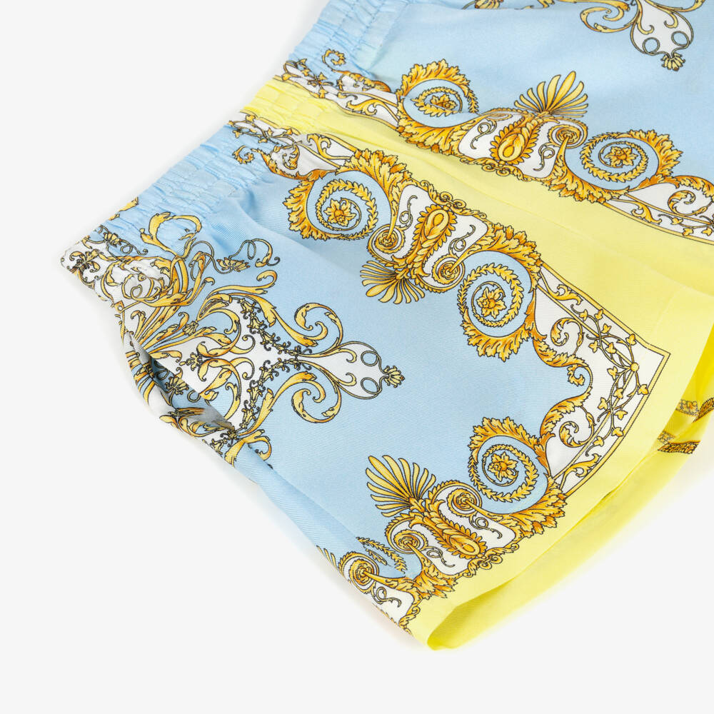 Versace-Junior Boys Blue & Yellow Silk Shorts with Barocco Print | Childrensalon