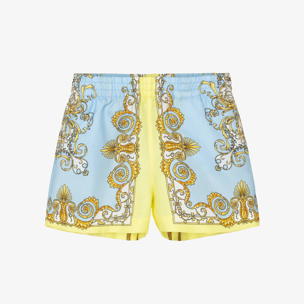 Versace-Junior Boys Blue & Yellow Silk Shorts with Barocco Print | Childrensalon