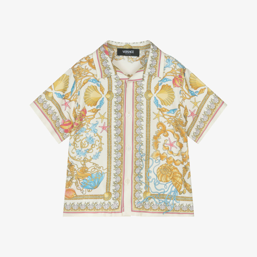 Versace-Junior Boys Ivory & Gold Underwater Barocco Silk Shirt | Childrensalon