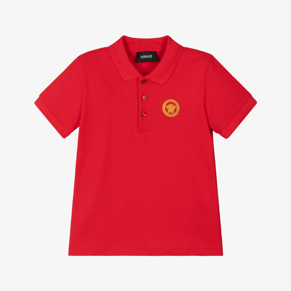 Versace-Junior Boys Red Cotton Piqué Polo Shirt with Gold Medusa Logo | Childrensalon