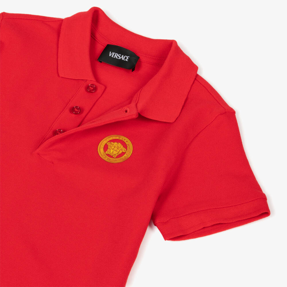 Versace-Junior Boys Red Cotton Piqué Polo Shirt with Gold Medusa Logo | Childrensalon
