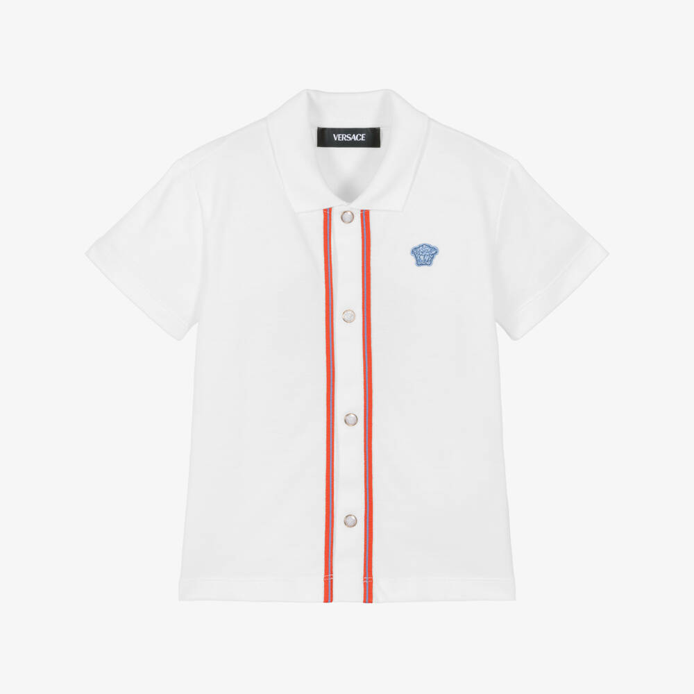 Versace-Junior Boys White Cotton Piqué Medusa Logo Shirt with Red Trim | Childrensalon