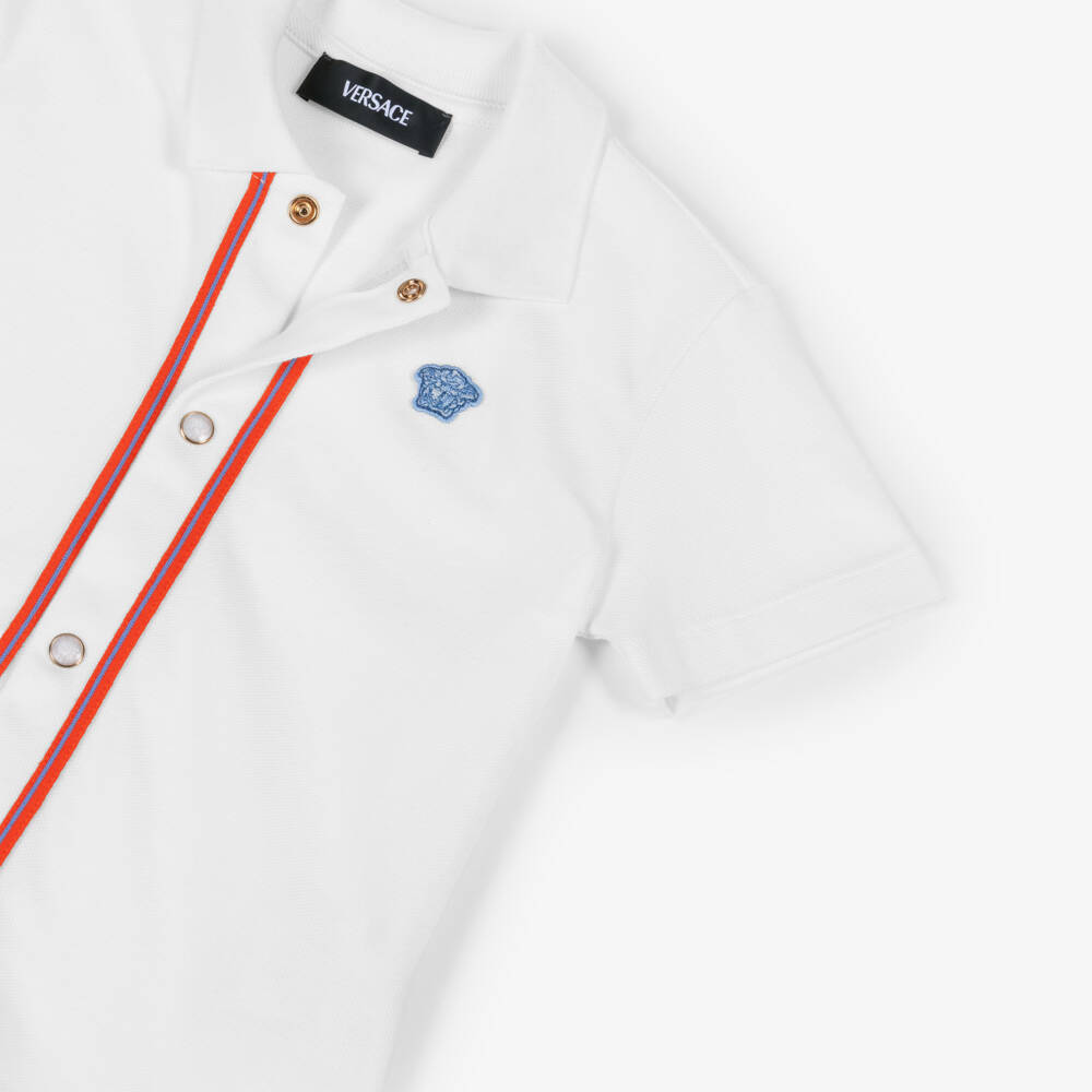 Versace-Junior Boys White Cotton Piqué Medusa Logo Shirt with Red Trim | Childrensalon