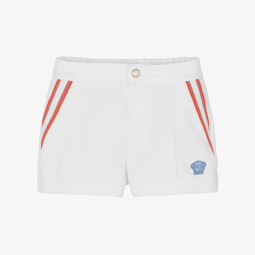 Versace-Junior Boys White Cotton Piqué Medusa Logo Shorts with Red Trim | Childrensalon