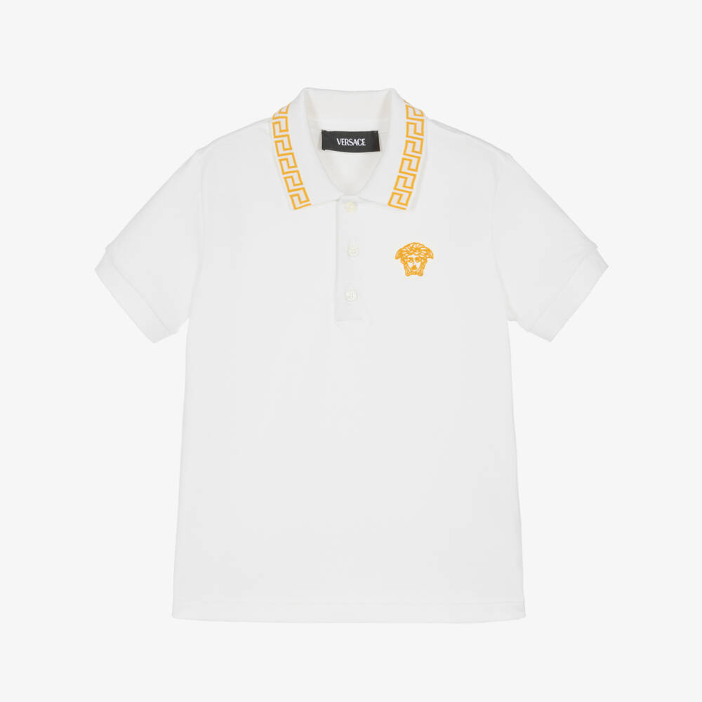 Versace-Рубашка поло белая из хлопкового пике Greca & Medusa для мальчиков | Childrensalon