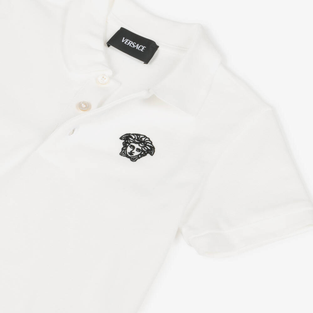 Versace-Junior Boys White Cotton Piqué Polo Shirt with Medusa Logo | Childrensalon